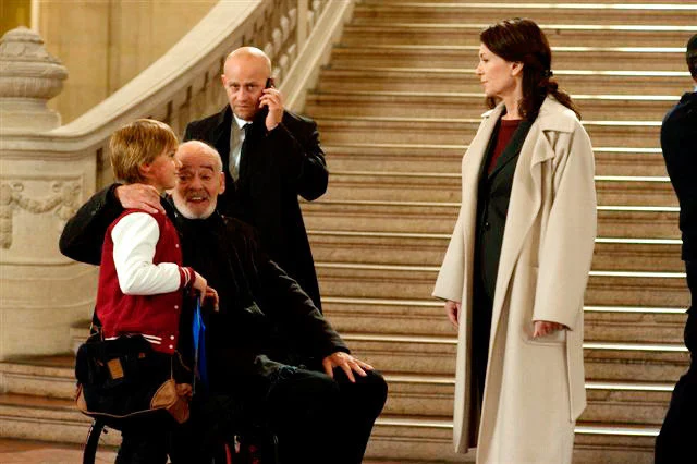 Louie Betton, Hans-Michael Rehberg, Jürgen Vogel and Iris Berben during the filming of Rosa Roth.
